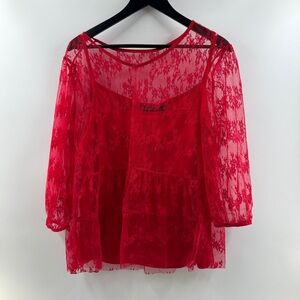 7th Avenue Red Lace Blouse Size XL Sheer Overlay with Attached Tank